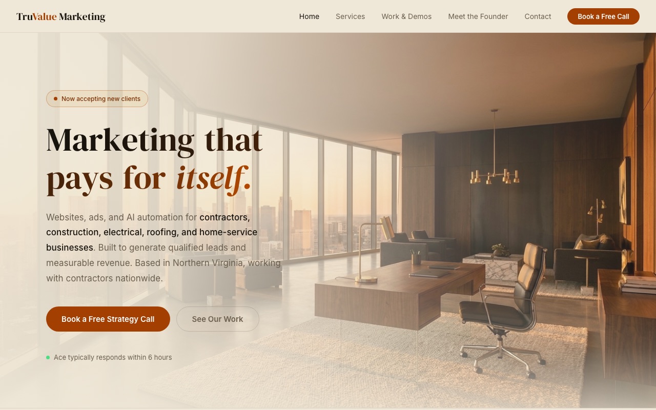 The TruValue Marketing site today: a warm beige layout with a top-floor office photograph and the headline Marketing that pays for itself.