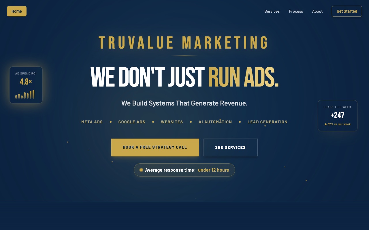 The previous TruValue Marketing site: a dark navy and gold layout with the headline We don't just run ads.